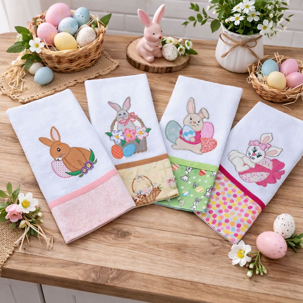 panos de prato com bordado de coelho da páscoa