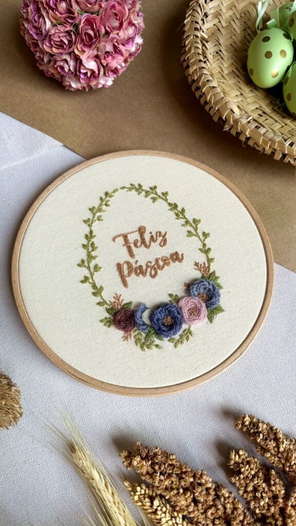 bordado feliz páscoa ovo de páscoa e flores